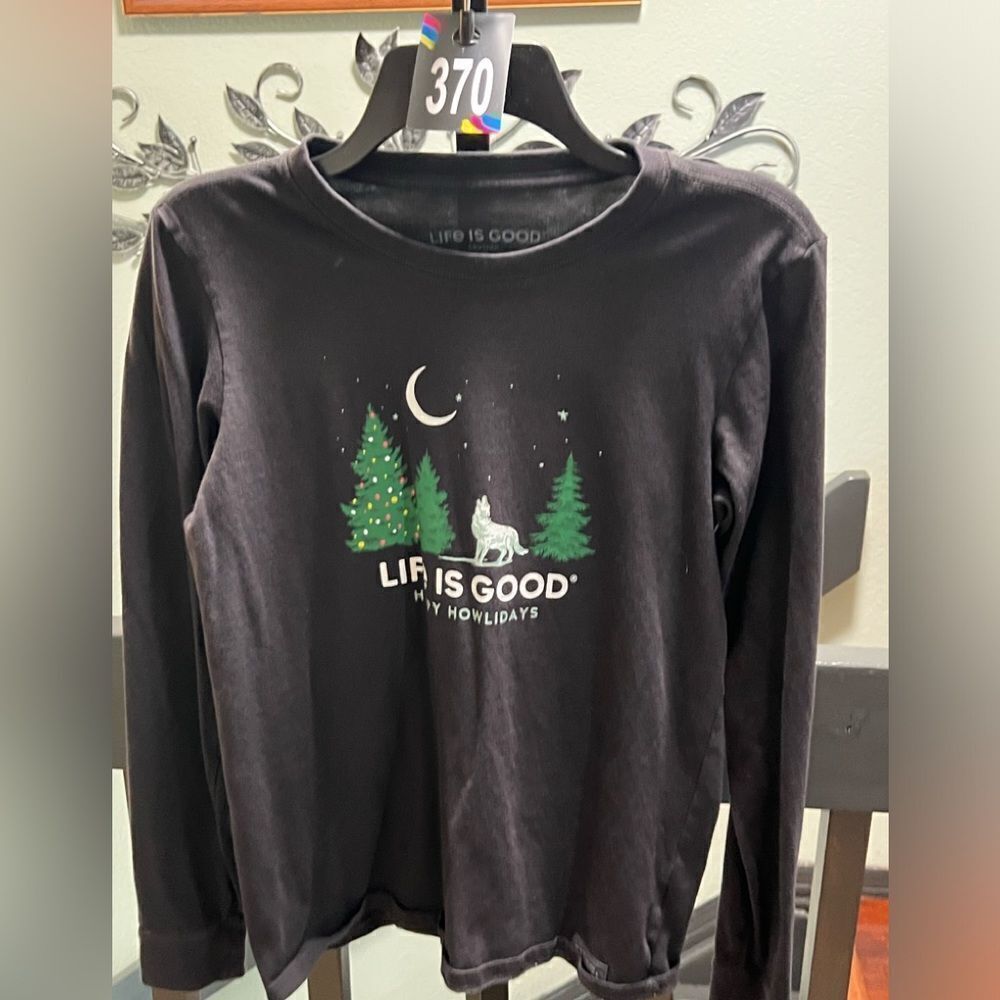 Life is Good Black Long Sleeve Shirt “Happy Howladays” Small #370